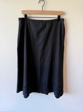 Talbots Black Midi A-Line Skirt with Embroidered Eyelet Hem Irish Linen Blend